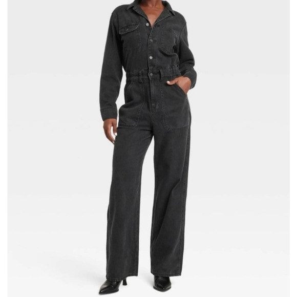 Women's Black sz 14 long sleeve Chore Denim Coveralls jumpsuit Grunge Skater - Picture 1 of 11
